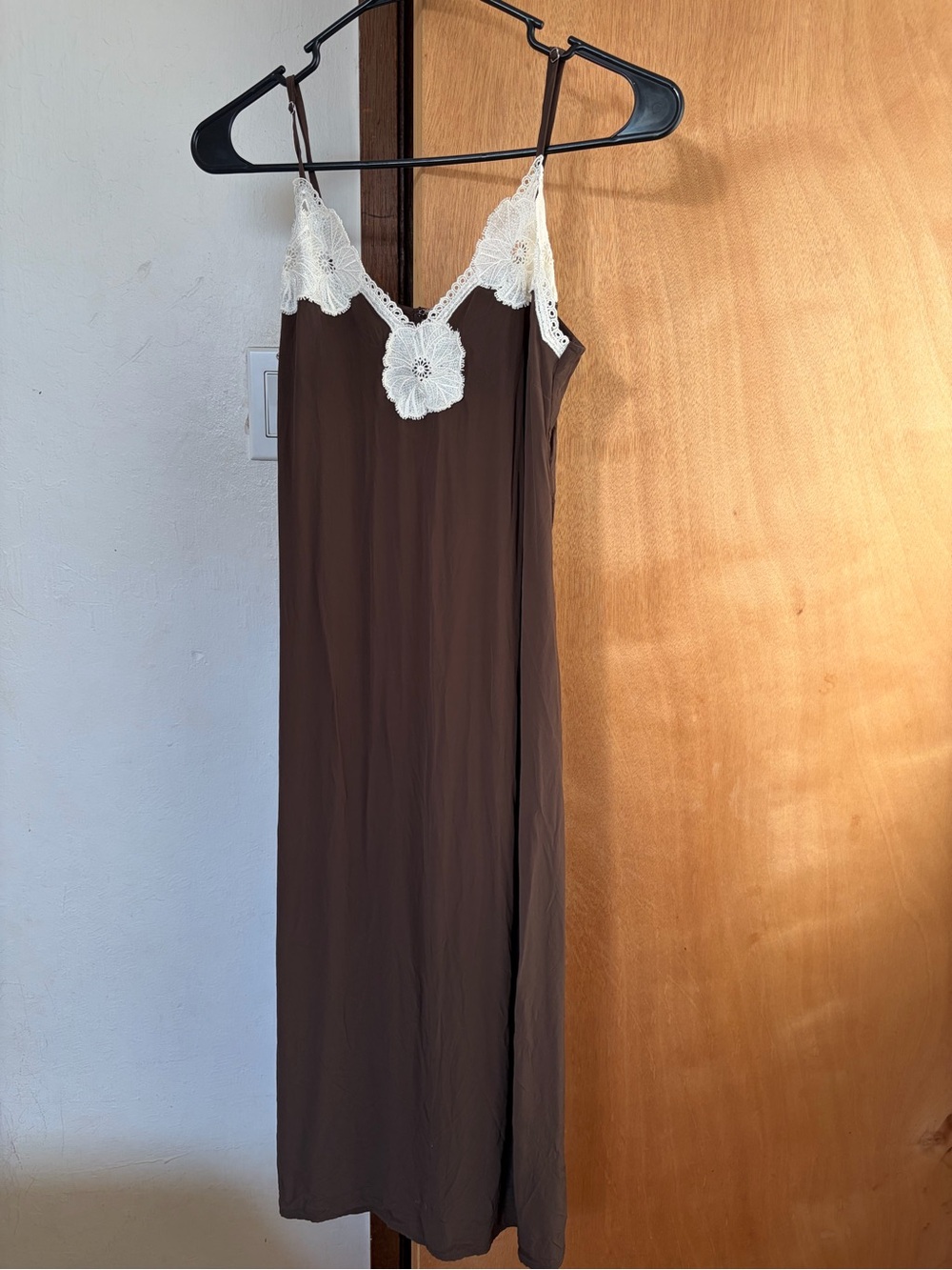 Madewell - Women's Brown Slip Dress with Cream Lace Trim